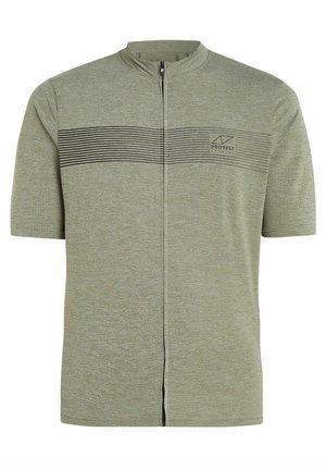 Kortærmet, lynlåset atletisk skjorte i dæmpet grøn med struktureret stof, der har vandrette sorte striber og et logo på venstre bryst.