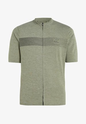 Koszulka sportowa z krótkim rękawem, zapinana na zamek, w stonowanej zieleni z teksturowanym materiałem, z poziomymi czarnymi paskami i logo na lewej piersi.