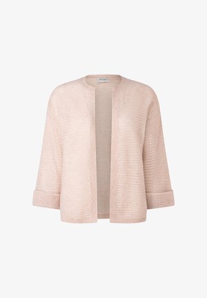 Vaaleanpunainen neulecardigan, avointa etuosaa, kolme neljäsosapituista hihoista, teksturoitu neulottu kangas, ribatut hihansuut ja helma. Rentoa muotoilua ilman kiinnityksiä.