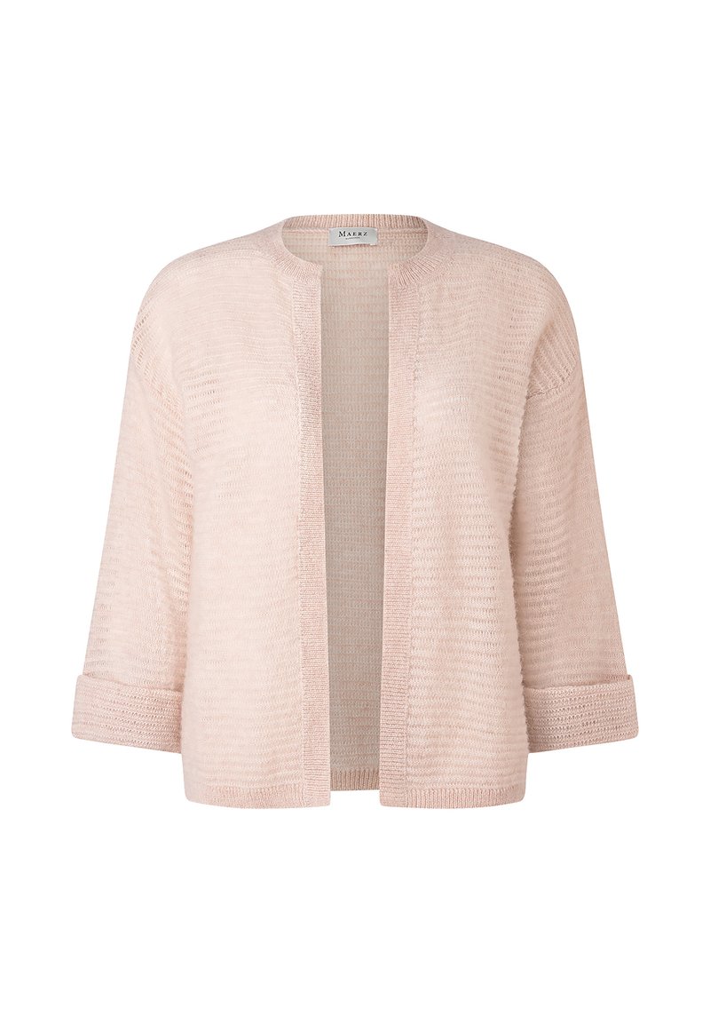 Cardigan rosa chiaro, con apertura frontale, maniche tre quarti, tessuto a maglia testurizzato, polsini e orlo a coste. Design casual senza chiusure.