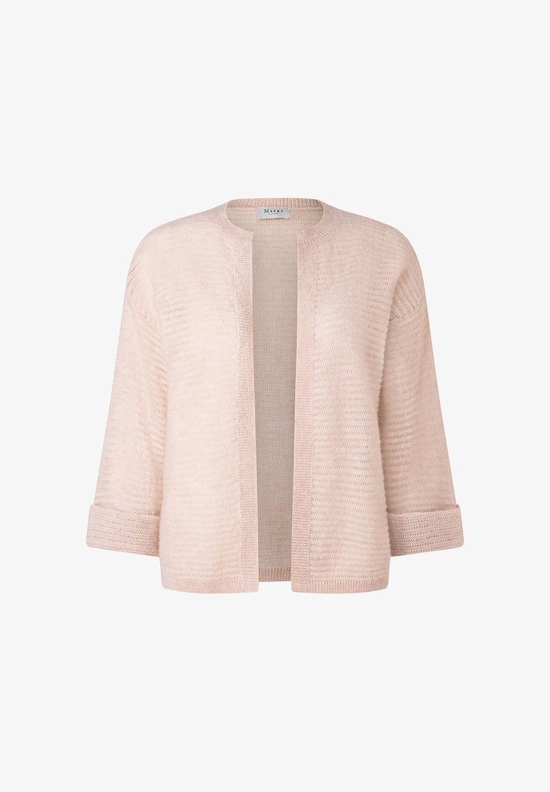 Cardigan rosa chiaro, con apertura frontale, maniche tre quarti, tessuto a maglia testurizzato, polsini e orlo a coste. Design casual senza chiusure.