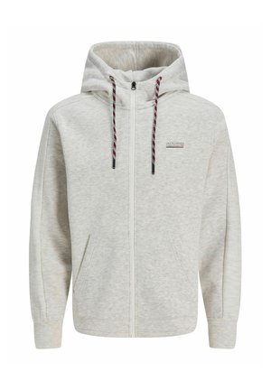 Sweat à capuche zippé gris clair avec cordon de serrage, poches avant, manches côtelées et petit logo Jack & Jones sur la poitrine gauche.