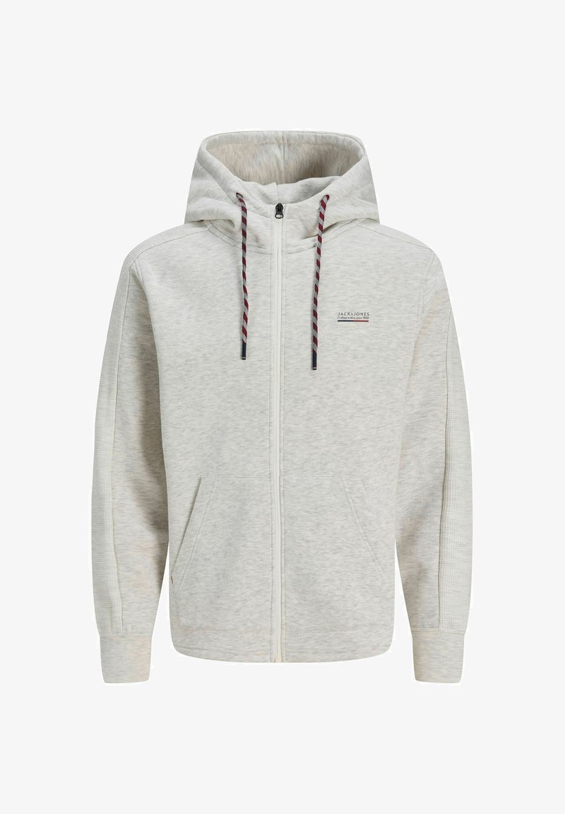 Sweat à capuche zippé gris clair avec cordon de serrage, poches avant, manches côtelées et petit logo Jack & Jones sur la poitrine gauche.