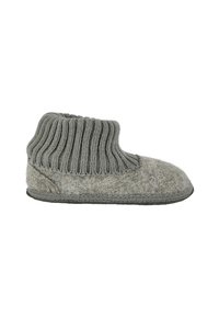 Graue Wollschläppchen mit einem gerippten Strickbund, runder Zehenpartie und einer robusten Sohle; verfügt über eine weiche, strukturierte Oberfläche und ein schlichtes Design.