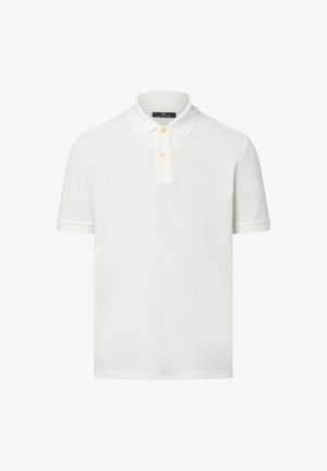 Biała koszulka polo wykonana z teksturowanej tkaniny, z klasycznym kołnierzykiem, z zapięciem na dwa guziki i krótkimi rękawami z ściągaczami.