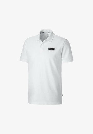 Witte poloshirt van katoen, met een klassieke kraag, korte mouwen en een zwart Puma-logo op de linkerborst. Glad oppervlak.