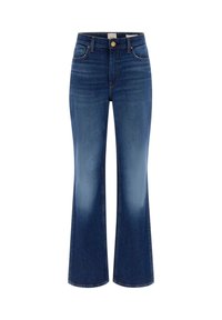 Jeans a zampa di color denim blu scuro con vita alta, caratterizzati da una chiusura frontale con bottoni, cinque tasche e scoloriture sulle cosce.