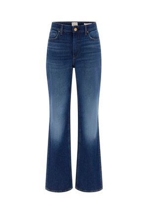 Ciemnoniebieskie dżinsy dzwony z wysokim stanem, z przodem zapinanym na guziki, pięcioma kieszeniami i przetarciami na udach.