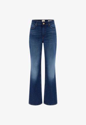 Ciemnoniebieskie dżinsy dzwony z wysokim stanem, z przodem zapinanym na guziki, pięcioma kieszeniami i przetarciami na udach.