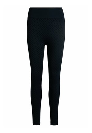 Black leggings with a textured geometric pattern, high waistband, and a snug fit. Made of stretch fabric for comfort and mobility.