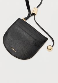 Black leather cardholder with a pebbled texture, featuring a gold zipper and hardware. Includes a detachable strap and embossed logo detailing.