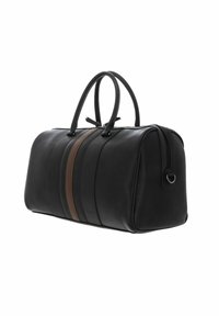 Black leather duffle bag with rounded shape, two short handles, a brown stripe accent, and a zippered closure. Texture appears smooth.