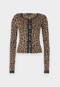 Leopardikuvioinen neuletakki, jossa on pitkät hihat, pyöreä pääntie, musta pitsireunus ja koristeelliset napit edessä. Valmistettu pehmeästä, teksturoidusta kankaasta.