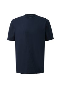 Granatowa bawełniana koszulka z okrągłym dekoltem i krótkimi rękawami. Zawiera asymetryczny element wzorniczy z przodu.
