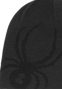 Black knitted beanie featuring a spider graphic pattern in a slightly darker shade. Soft texture, stretchable fit, and simple design.