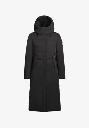 Manteau long noir avec capuche, présentant un design matelassé sur le haut du corps, deux poches latérales zippées et une finition lisse et texturée.