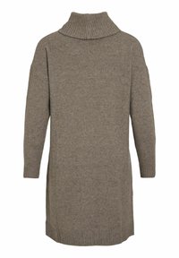 Pletený oversized sveter v béžovej farbe s vysokým rebrovaným golierom, dlhými rukávmi a bočnými rozparkami; mäkká textúra a uvoľnený strih.