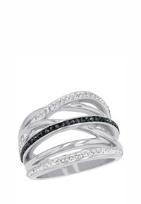 Anello in argento placcato con bande intrecciate, adornato con gemme trasparenti e nere, che creano un design stratificato e testurizzato.