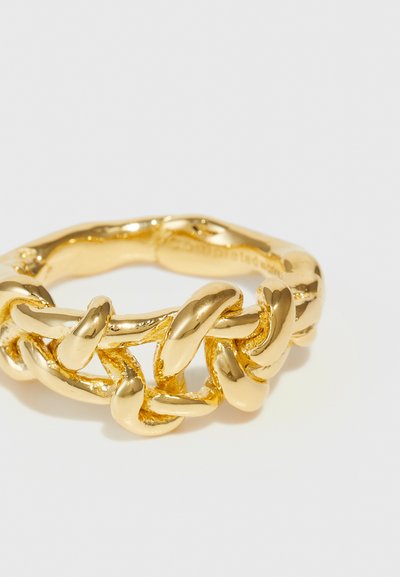 Gold chain-link ring with a polished finish. Features interlocking links and a smooth, rounded interior. No patterns or textures visible.