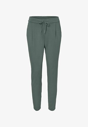 Green, tapered sweatpants with an elastic waistband, drawstring closure, and two side pockets. Made from soft, smooth fabric.