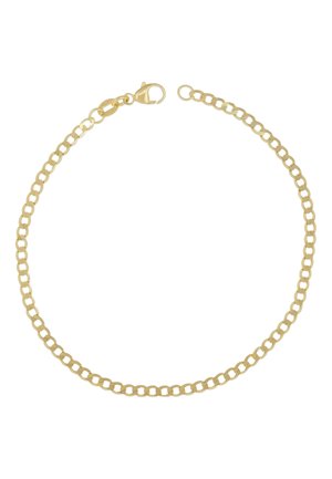 Goldfarbene Armbanduhr aus ineinandergreifenden ovalen Gliedern mit einem Karabinerverschluss. Glatte Oberfläche und glänzende Ausführung.