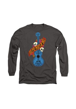Gray long-sleeve shirt featuring a blue guitar graphic with skulls and colorful flowers, along with the text "Remember Me" in orange.