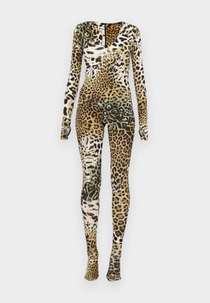 Leopard-print bodysuit with long sleeves, a deep V-neck, made of stretchy fabric, features mixed fur patterns in brown, black, and green hues.