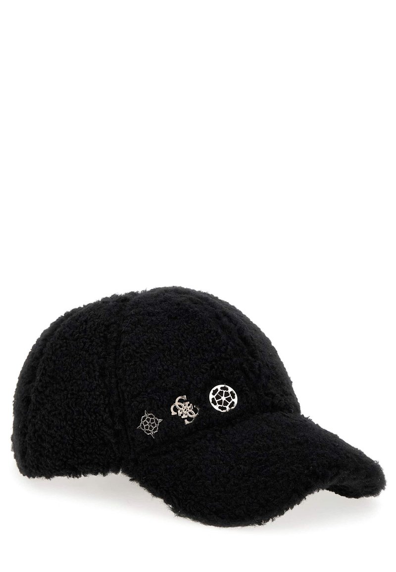 Cappello nero in pelucchi con decorazioni geometriche argento sul davanti, visiera arrotondata e tessuto strutturato per un maggiore calore.