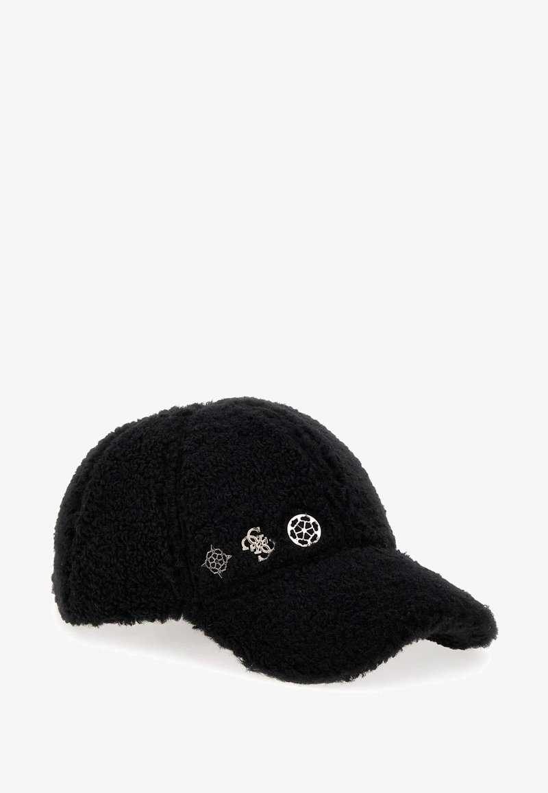 Cappello nero in pelucchi con decorazioni geometriche argento sul davanti, visiera arrotondata e tessuto strutturato per un maggiore calore.