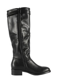 Stivale in pelle nera alto fino al ginocchio con una finitura liscia, chiusura con zip laterale e un tacco blocco modesto. Presenta un fusto strutturato e un design elegante.