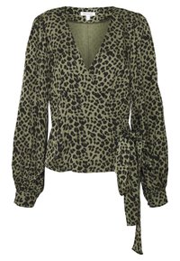 Blusa a stampa leopardata in verde oliva, con scollatura a V profonda, maniche lunghe a palloncino e dettaglio con legatura laterale. Tessuto morbido con una finitura testurizzata.