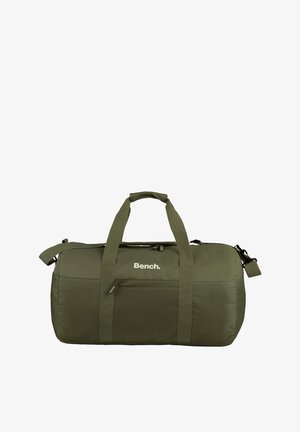 Olive green duffel bag made of durable fabric, featuring two handles, a detachable shoulder strap, and a front zipper pocket.