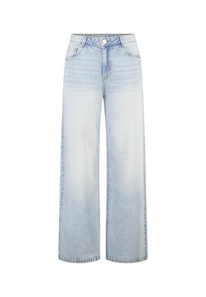 Lichtblauwe jeans met wijde pijpen, hoge taille, knoop- en ritssluiting, en voor- en achterzakken.