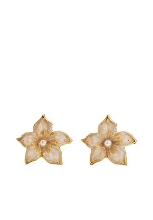 Para złotych kolczyków w kształcie kwiatów z pięcioma przezroczystymi płatkami i małą perłą w centrum każdego z nich.