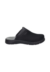Schwarze Slipper mit einem glatten Wildleder-Oberteil, runder Zehenform und leichter Polsterung. Die Sohle besteht aus strukturiertem Gummi für besseren Halt.