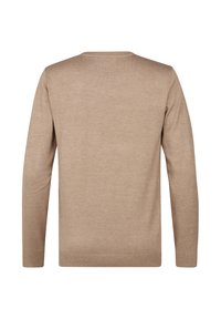 Maglione beige, scollatura rotonda, maniche lunghe, polsini e orlo a coste, texture liscia, design semplice, vista posteriore, senza motivi o dettagli hardware.