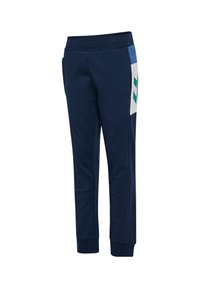 Marineblauwe joggingbroek met elastische tailleband, zijzakken en kleurblokontwerp met lichtblauwe en witte secties met groene accenten.
