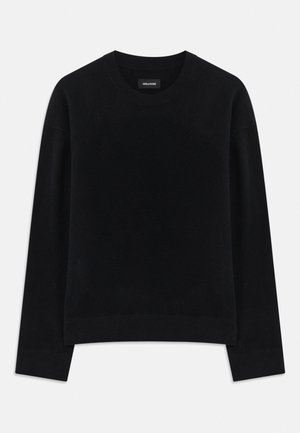 Black sweater made of soft fabric, featuring a crew neck, long sleeves, relaxed fit, and ribbed hem. Simple, solid design with no patterns.
