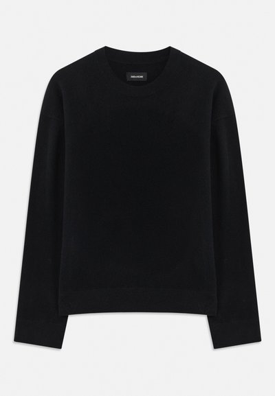 Black sweater made of soft fabric, featuring a crew neck, long sleeves, relaxed fit, and ribbed hem. Simple, solid design with no patterns.