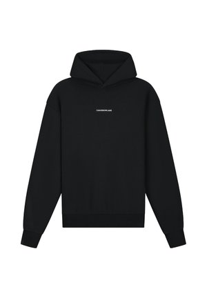 Black hoodie made of cotton blend, featuring a spacious hood, long sleeves, ribbed cuffs and hem, and a small white logo on the chest.