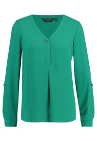 Grön långärmad blus med V-hals, framknäppning och detalj med veck. Mjuk tyg, skräddarsydd passform, med manschettdetaljer.