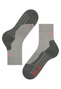 Chaussettes en laine grises avec un pied et une zone de orteils grisés plus clairs. Un texte rouge indique "R" et "FAKE - RUN." Présente des éléments de design texturé.
