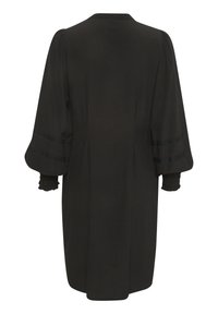 Zwarte jurk met een ronde hals, pofmouwen met elastische manchetten, een gladde textuur en subtiele plooien aan de achterkant voor een ontspannen pasvorm.