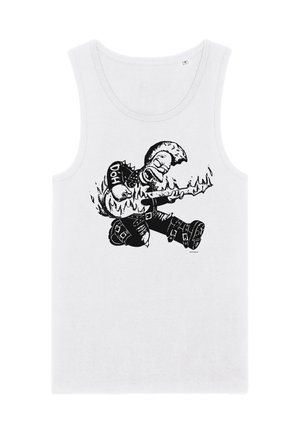 Hvid tanktop med en sort tegneseriefigur, der spiller på en flammende guitar og har punk-inspireret tøj med et "D'OH" mærke.
