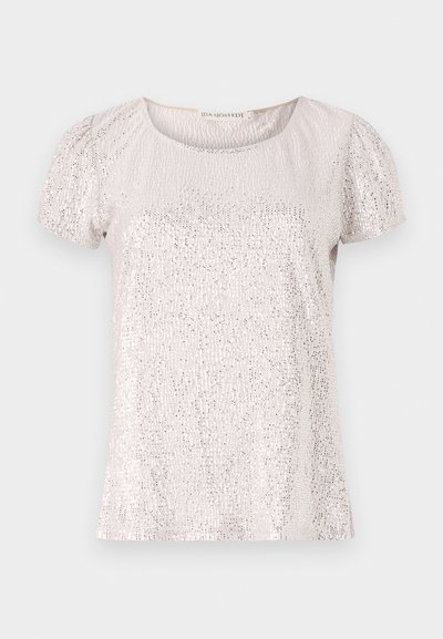 Short-sleeve top in light beige with a textured surface adorned with sequins, featuring a round neckline and gathered sleeves.