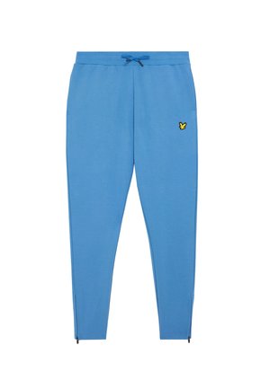 Pantaloni della tuta azzurro chiaro realizzati in un tessuto morbido, caratterizzati da una vita elastica con coulisse, tasche laterali con zip e un accento di logo giallo.