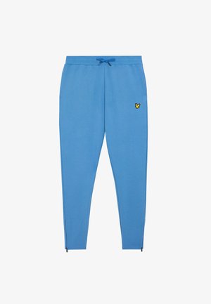 Pantaloni della tuta azzurro chiaro realizzati in un tessuto morbido, caratterizzati da una vita elastica con coulisse, tasche laterali con zip e un accento di logo giallo.