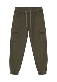 Olijfgroene cargobroek, gemaakt van katoen. Beschikt over een elastische tailleband met trekkoord, twee zijzakken en taps toelopende boorden.
