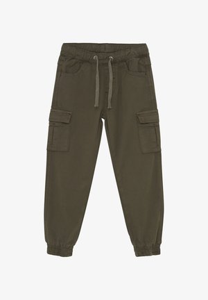 Cargo pants in olive green, made of cotton. Features an elastic waistband with drawstring, two side pockets, and tapered cuffs.