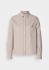 Camicia a bottone a righe con strisce verticali marroni e bianche, maniche lunghe, colletto classico e dettagli ai polsini. Materiale in cotone.